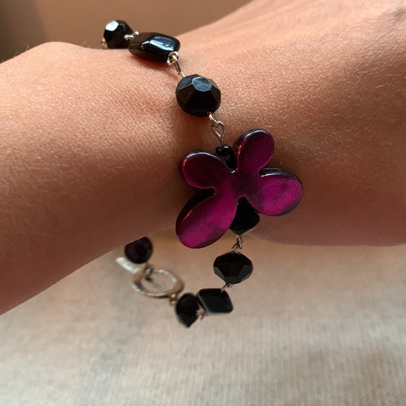 ✨ Handmade Pink Fushsia Butterfly & black beads Bracelet & Earrings Set ✨ - Picture 1 of 9